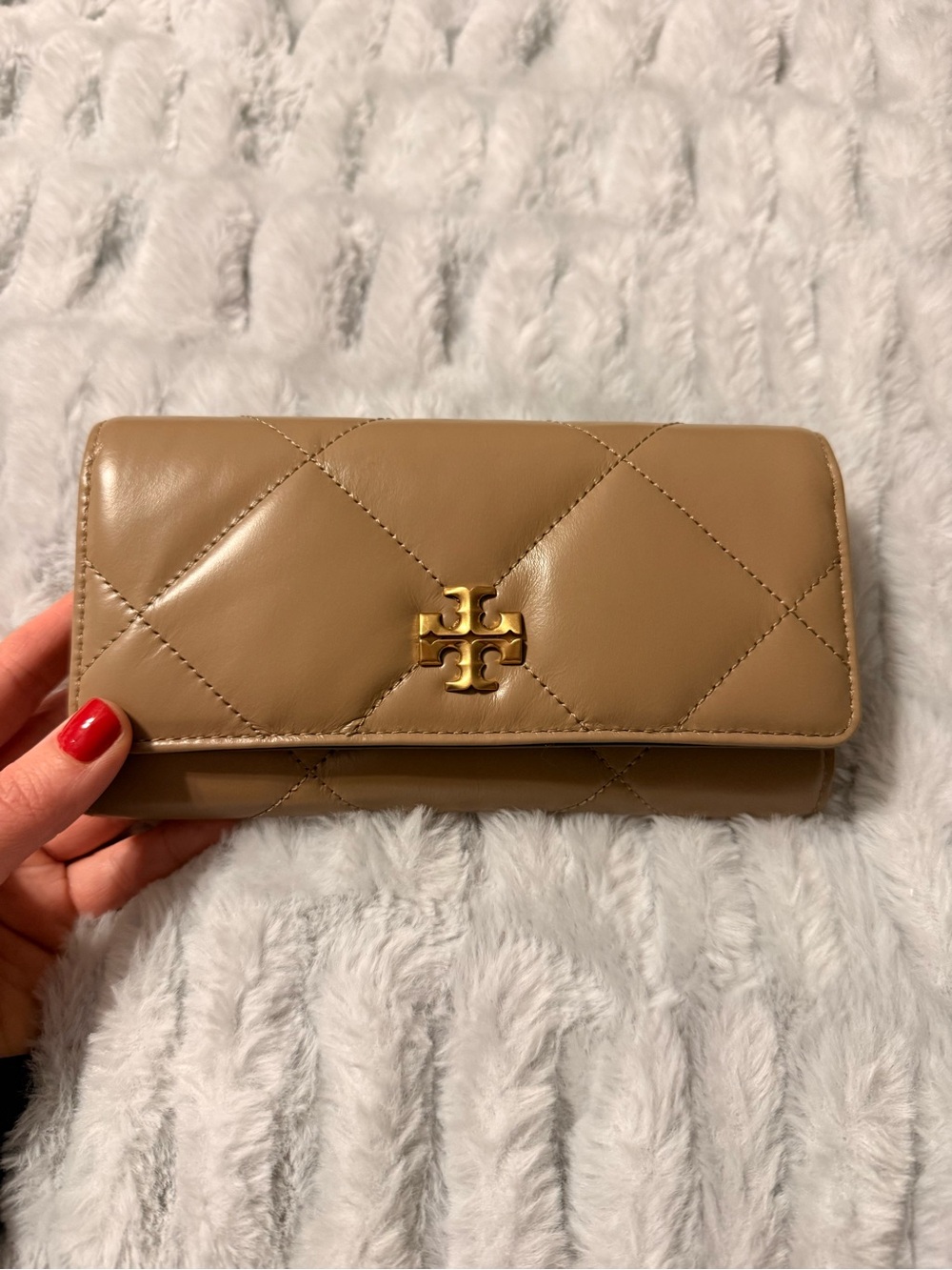 Tory Burch Quilted Leather Wallet in Taupe with Gold Logo